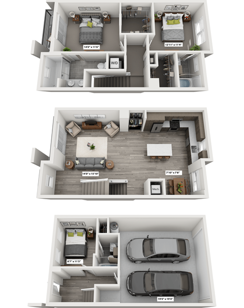 Three different floor plans of an apartment are shown.
